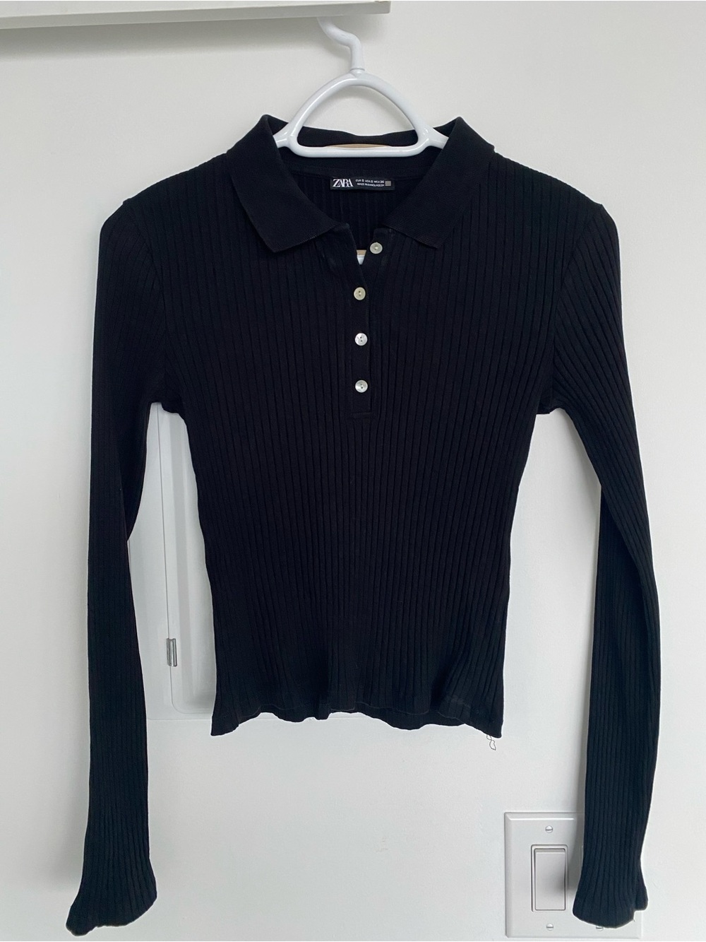 Zara Black Ribbed Long Sleeve Polo
